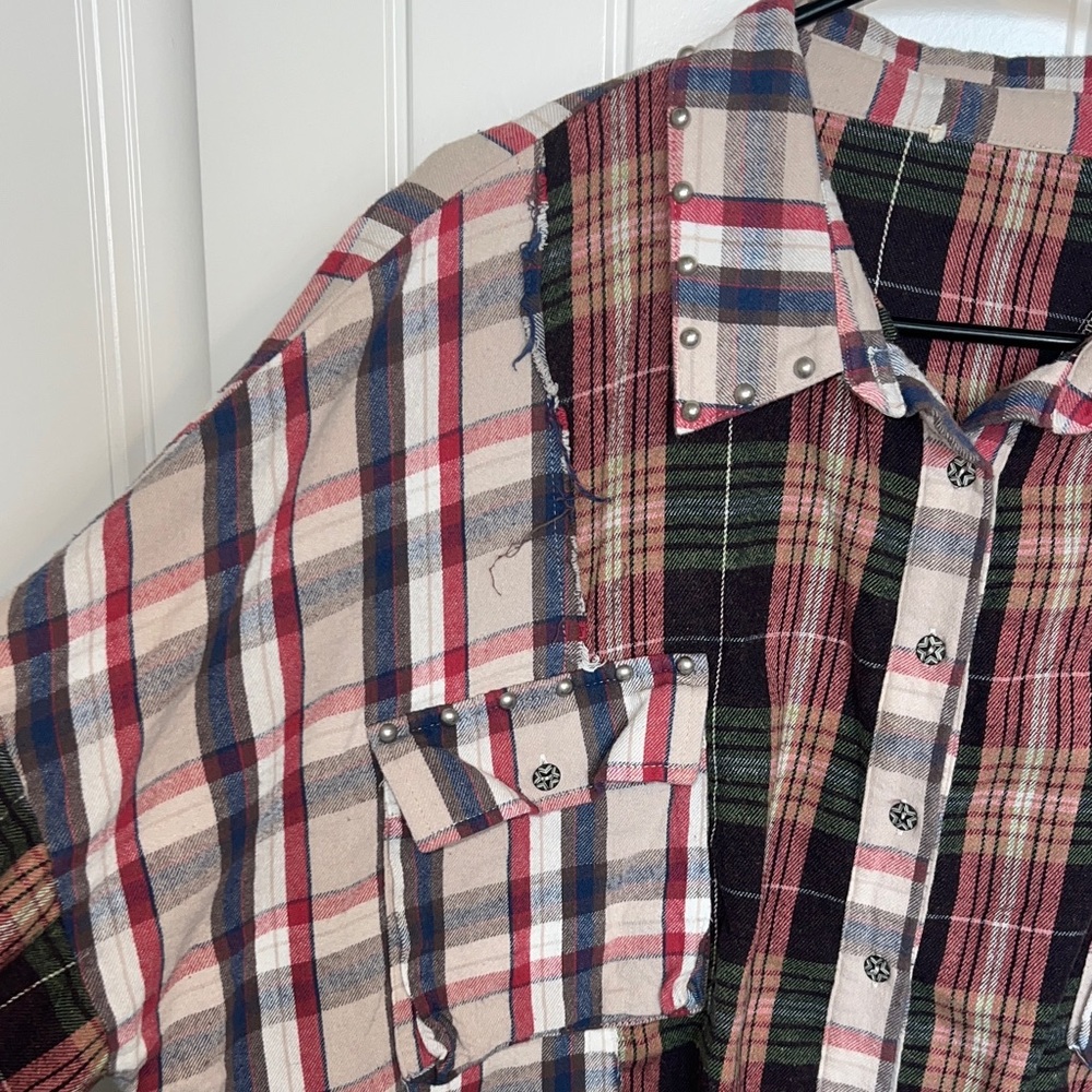 Women's Patchwork Plaid Button Down Shirt with St… - image 4